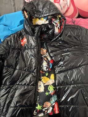 Members Only Black Puffer Jacket with Cartoon Character Liner Nickelodeon